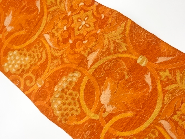 リサイクル　手織り紬華紋に葡萄唐草模様織出し名古屋帯